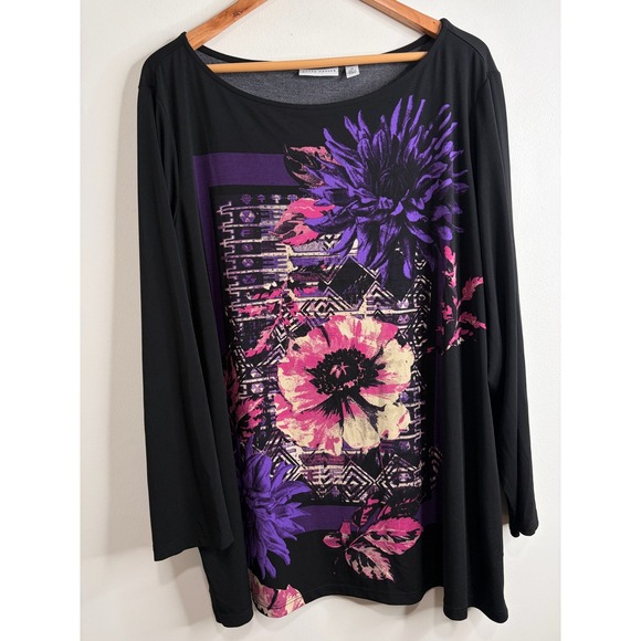 Susan Graver Tops - Susan Graver Black Floral Geometric Liquid Knit Tunic Top Size 3X Slinky Stretch